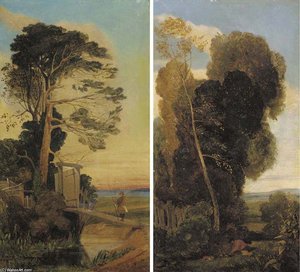 An Angler On A Bridge; And A Rabbit Catcher In A Wooded Landscape — John Sell Cotman