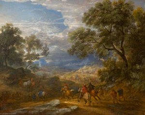 Wooded Landscape With Horsemen And A Baggage Train On A Road — Adam Frans Van Der Meulen