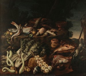 Still Life With Fishes, Vegetables, Cats And Guinea Pig — Felice Boselli