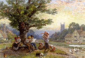 Figures And Children Beneath A Tree In A Village — Myles Birket Foster