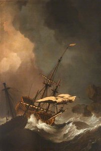 A Storm Two English Ships Being Driven Ashore Onto Rocks — Willem Van De Velde The Elder