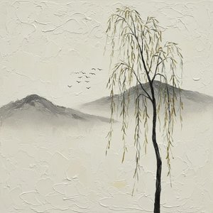 Whispers of the Weeping Willow Amidst a Silent Monochromatic Mountain Mist