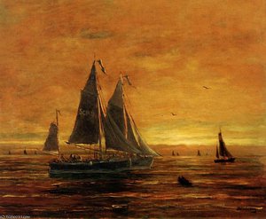 Boats At Dusk Sun — Hendrik Willem Mesdag