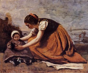 Mother And Child On The Beach — Jean-baptiste-camille Corot