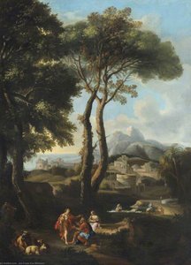 A Classical Landscape With Two Figures Greeting One Another, Cattle, And A Town Beyond — Jan Frans Van Bloemen