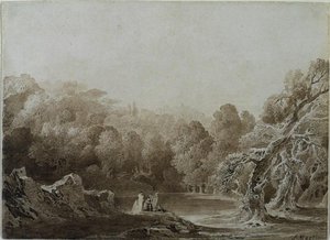 A Man Playing A Harp With Other Figures Beside A Lake — John Martin