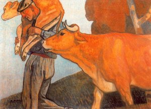 Baserritarra Con Vaca Y Ternera — Aurelio Arteta
