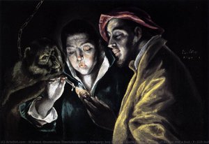 Allegoria, Ragazzo Che Accende Una Candela In Compagnia Di Un Scimmia E D'un Fannullone - Fá Bula — El Greco