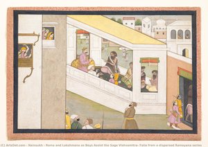 Rama And Lakshmana As Boys Assist The Sage Vishvamitra: Folio From A Dispersed Ramayana Series — Nainsukh