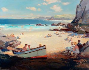 Seaside Scene With Rowing Boat In Foreground, Possibly Cornwall (british Railways Poster Artwork) — Leslie Arthur Wilcox