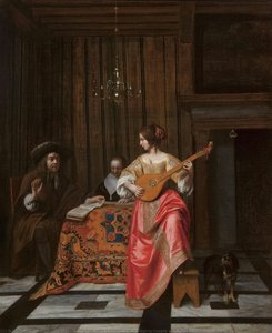 Une Femme Avec Un Luth Et Un Couple Chantant À Une Table — Pieter De Hooch