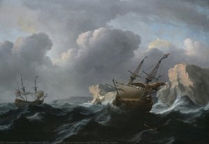 Shipping In A Stormy Sea Off A Rocky Coast — Aernout Smit