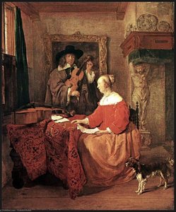 Une Femme Assise À Une Table Et Un Homme Accordant Un Violon — Gabriel Metsu