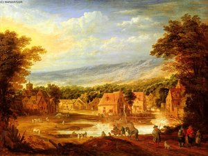 An Extensive River Landscape With Travellers Approaching A Village — Joos De Momper The Younger