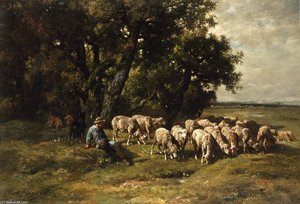 A Shepherd With His Flock — Charles-émile Jacque