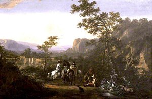 Italian Landscape With Two Horsemen And Figures On A Road — Jan Asselijn