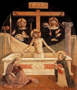 Jesús En El Sepulcro Con La Virgen María Y Santo Tomás De Aquino — Fra Angelico