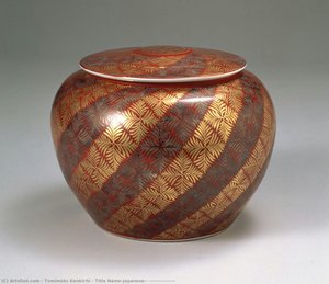 Title Name(japanese): 磁器赤地金銀彩羊歯模様蓋付飾壺 — Tomimoto Kenkichi