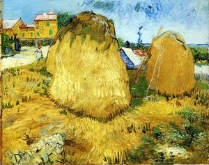 Stacks Of Wheat Near A Farmhouse - Székhelyű Sóhajló Gabonák — Vincent Willem Van Gogh
