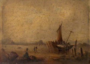 Coast Scene With Figures And Boats — George Clint