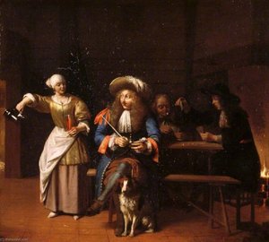The Empty Jug A Tavern Scene With A Serving Wench, A Gentleman With A Pipe And A Dog, And Card Players — Pieter De Hooch