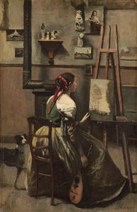 Corot's Studio: Woman Seated Before An Easel, A Mandolin In Her Hand — Jean-baptiste-camille Corot