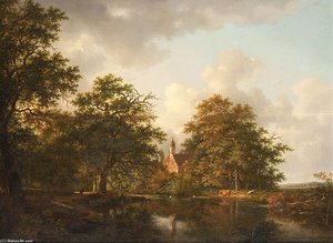 Figures And Cows At A Lake In A Wooded Landscape — Andreas Schelfhout