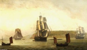 Shipping Warping Into Harbour Off Berry Head — Thomas Luny