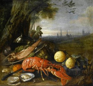 Lemons With Oysters, A Lobster, Melons And A Bottle Of Wine At The Foot Of A Tree — Cornelis Jansz De Heem