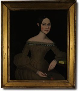 Portrait Of A Dark-haired Young Woman Wearing Light-brown Dress Holding A Spray Of Pinks — Ammi Phillips