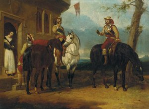 Two Mounted Cavaliers And Another Drinking Ale Outside An Inn — Abraham Cooper