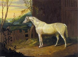A Gray Arab Mare Outside A Stable In An Extensive River Landscape — John Frederick Herring Senior