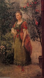 Ünnepélyes Kompozíció Rózsaszínű Virágokkal Díszített Faág Mellett Álló Nő Képe. — Gustáv Klimt