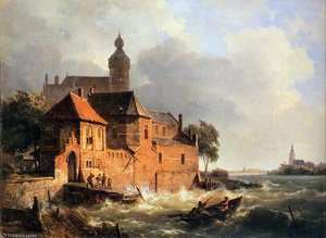 Men In Boat At Choppy Sea Sun — Cornelius Springer