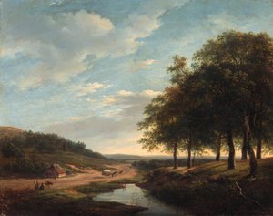 An Extensive Summer Landscape With Travellers And A Hay-wagon On A Sandy Track — Andreas Schelfhout