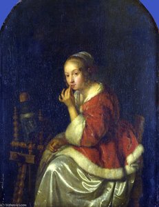 A Lady At A Spinning-wheel — Netscher, Caspar