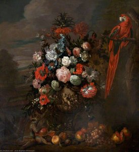 A Figured Vase Of Flowers With A Monkey Teasing A Parrot — Jean Baptiste Monnoyer