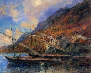 Boats By The Banks Of Lake Geneva At Saint-gingolph — ألبرت تشارلز ليبورغ