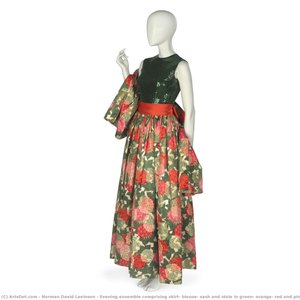 Evening Ensemble Comprising Skirt, Blouse, Sash And Stole In Green, Orange, Red And Pink Warp-printed Floral Pattern — Norman David Levinson