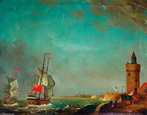 Royal Navy Ships Entering A Fortified Harbour — Thomas Luny