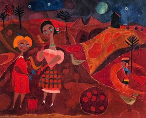 Two Girls With Birds In A Red Landscape — Colin Middleton