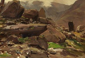 A Mountainous Lake Scene With Rocks In The Foreground — Francis Abel William Taylor Armstrong
