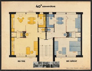 Sin Título (pequeño Apartamento Adaptable De Carl Fieger. Diseño Con Montajes De Texto Y Fotos De Mobiliario. Panel De Exposición Para La Deutsche Bauausstellung (exposición Alemana De La Construcción) Berlín 1931) — Carl Fieger