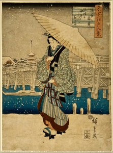 Nieve Vespertina En Asakusa O Mujer Con Paraguas De La Serie Ocho Vistas De Los Alrededores De Edo — Utagawa Hiroshige