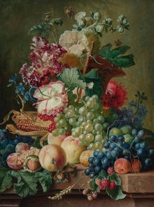Still Life Of Flowers And Fruits On A Marble Ledge — Paul Theodor Van Brussel