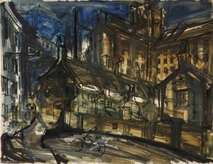 Industrial Landscape Sketch With Figure On Bicycle And Portrait — Geoffrey Scowcroft Fletcher