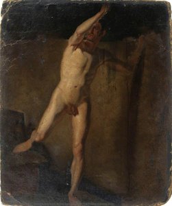 Standing Male Nude, Raised Right Arm, Right Foot Resting On Blocks (recto) — William Etty
