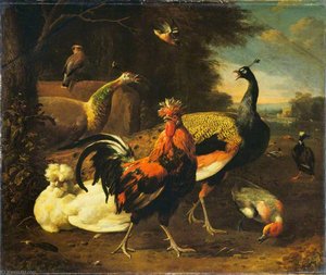A Cockerel With Other Birds — Melchior De Hondecoetter