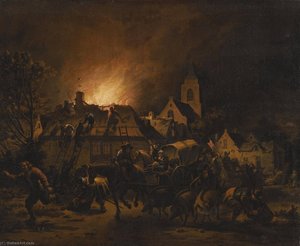 A Night Scene With A Fire In A Village — Egbert Lievensz Van Der Poel