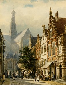 Many Figures In The Streets Of Haarlem — Cornelis Springer